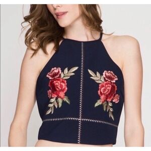 She + Sky Navy Blue Floral Embroidered Halter Crop Top  Medium